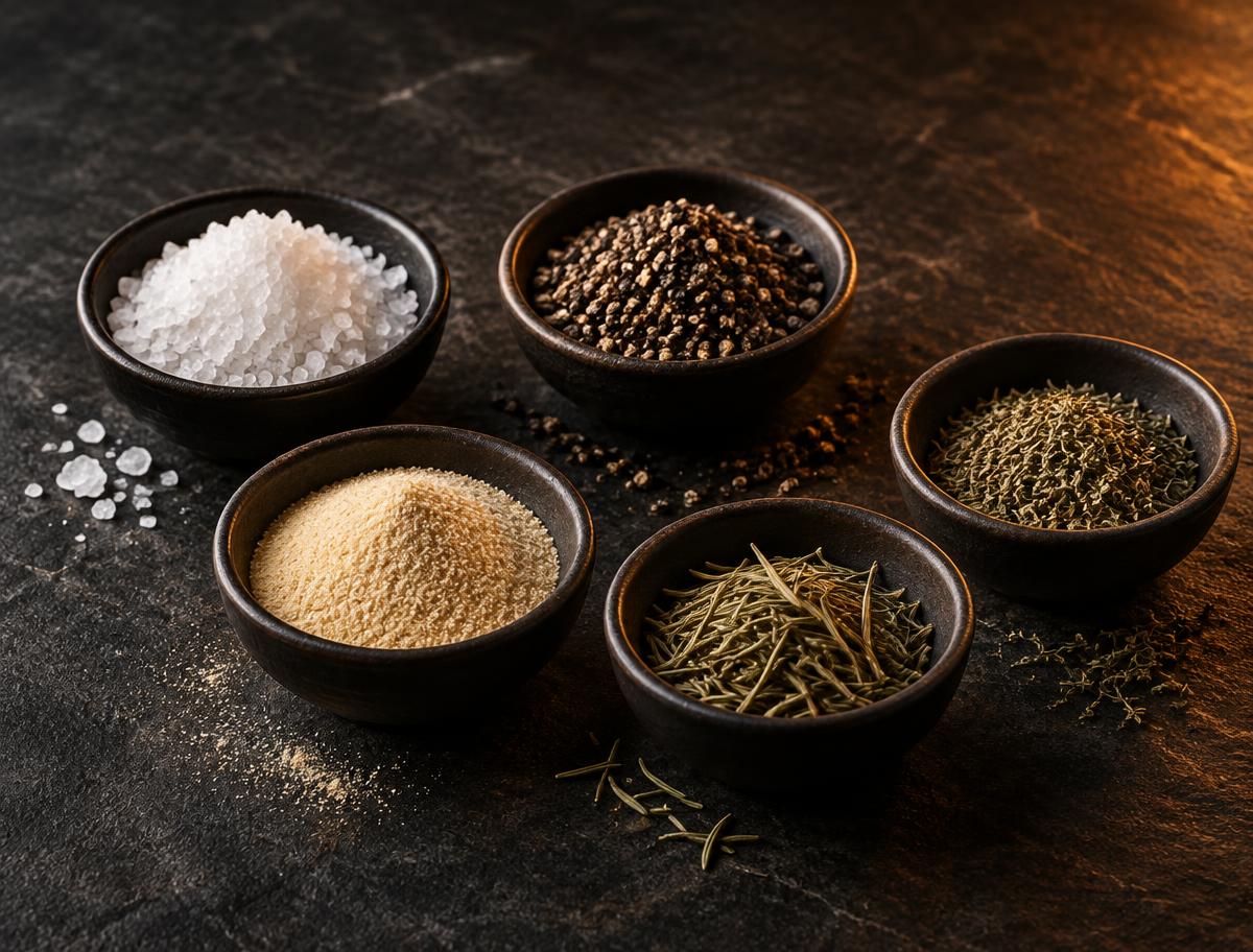 Salt, pepper, garlic, and dried herbs